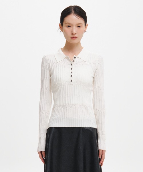 GENERAL IDEA（ジェネラルアイデア）の「【GENERAL IDEA】ヘリンボーン配色襟付きスリムニット / HERRINGBONE CONTRAST COLLAR SLIM KNIT（ニット/セーター・レディース・オートミール/チャコール/アイボリー・M/S/L）」の4枚目の写真
