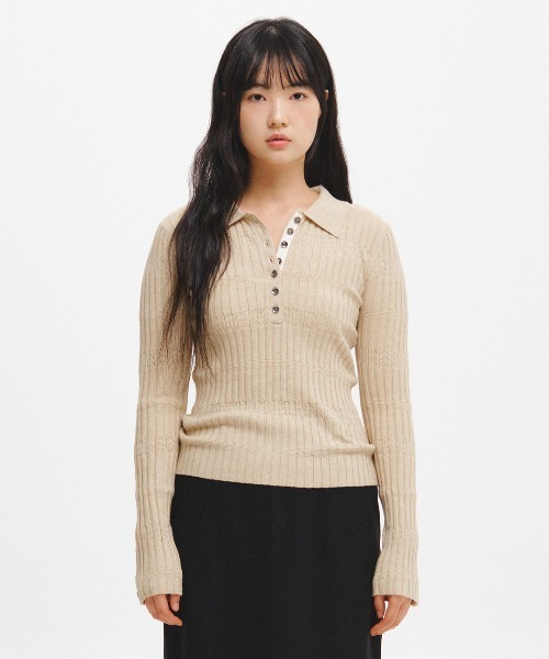GENERAL IDEA（ジェネラルアイデア）の「【GENERAL IDEA】ヘリンボーン配色襟付きスリムニット / HERRINGBONE CONTRAST COLLAR SLIM KNIT（ニット/セーター・レディース・オートミール/チャコール/アイボリー・M/S/L）」の14枚目の写真