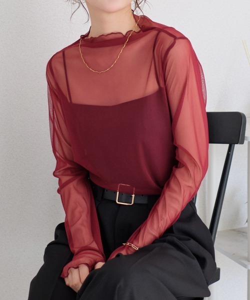Rejoule(リジュール)の「ボトルネック クルーネック 選べる2パターンフィンガーホールシアートップス(Tシャツ/カットソー・レディース・ブラック系その他/ブラック/ホワイト/ブラウン/ボルドー/ホワイト系その他/ブラウン系その他/レッド系その他・FREE)」の8枚目の写真