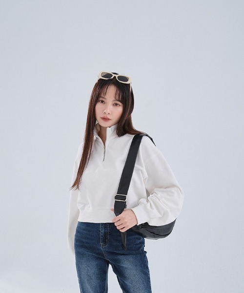 QUEEN SHOP（クイーンショップ）の「ハーフジップ微起毛ショートスウェット（スウェット・レディース・ホワイト/ダークグレー/グレー・FREE）」の6枚目の写真