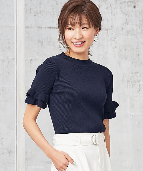 Pierrot(ピエロ)の「フリル袖 リブニット(ニット/セーター・レディース・ベージュ/ネイビー/オフホワイト/杢グレー/ブラック/ボルドー/グリーン/ライトピンク/イエロー・L/M)」の7枚目の写真