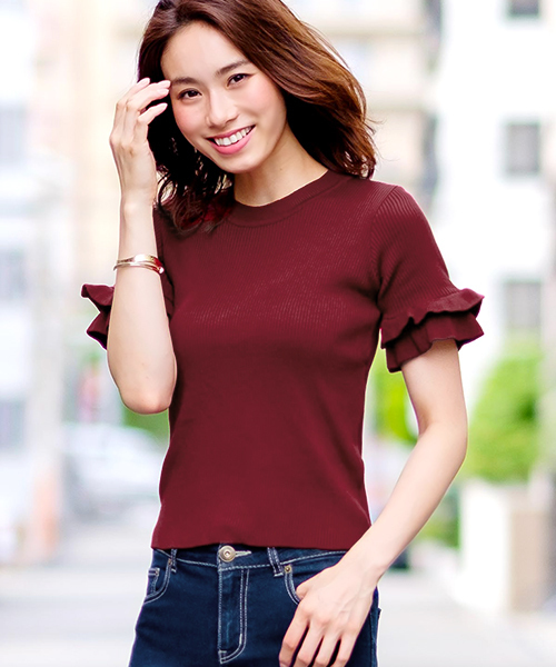 Pierrot(ピエロ)の「フリル袖 リブニット(ニット/セーター・レディース・ベージュ/ネイビー/オフホワイト/杢グレー/ブラック/ボルドー/グリーン/ライトピンク/イエロー・L/M)」の9枚目の写真