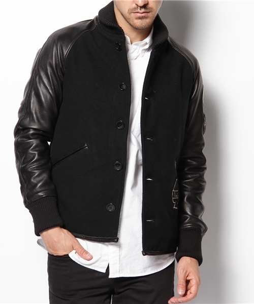 ヒステリックグラマー スタジャン　羊革　キルティング　ワッペン　刺繍　袖レザー ヒステリックグラマー ワッペン付レザースタジャン 羊革 刺繍