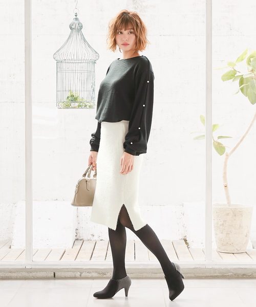 KOBE LETTUCE（コウベレタス）の「もちもちの伸縮素材★すっきりシルエでレディライクに！[もっちり]タイトニットスカート/レディース/ボトムス[M1855]神戸レタス（スカート・レディース・ブラック/グレー/オフホワイト/サックスブルー/ピンク/キャメル・FREE）」の13枚目の写真