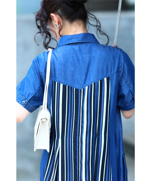 cawaii(カワイイ)の「爽やかストライプのデニムシャツワンピース(ベルト付)(ワンピース・レディース・ブルー・M/XL)」の13枚目の写真