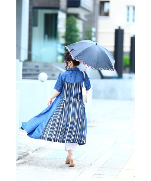 ✨激レア柄✨未使用 プリーツプリーズ デニム転写シャツワンピース 2WAY ４ 爽やかストライプのデニムシャツワンピース(ベルト付