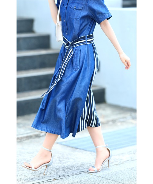 cawaii(カワイイ)の「爽やかストライプのデニムシャツワンピース(ベルト付)(ワンピース・レディース・ブルー・M/XL)」の19枚目の写真
