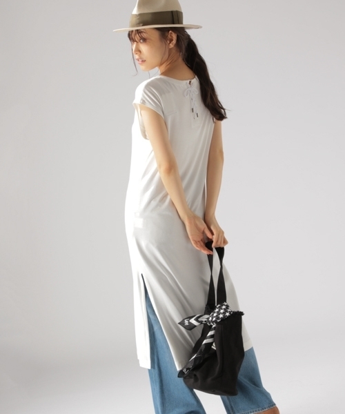 BAYFLOW（ベイフロー）の「GOOD PRICE／バックレースアップロングプルオーバー（Tシャツ/カットソー・レディース・ブラック/マスタード/オフホワイト/チェック・SMALL/MEDIUM）」の6枚目の写真