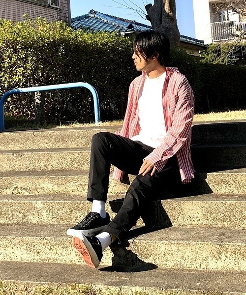 UP START（アップスタート）の「ポリトロストライプスーパービッグシャツ（シャツ/ブラウス・メンズ・ホワイト/ブラック/スモークピンク・MEDIUM/LARGE）」の4枚目の写真