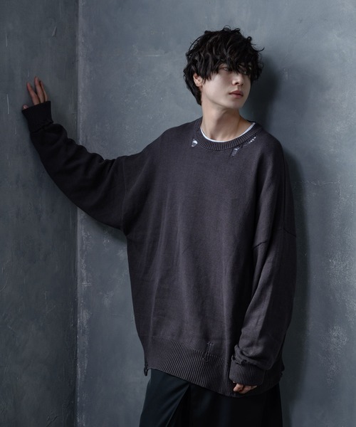 KUUUPY（クーピー）の「Relax Damage Knit / リラックスダメージニット（ニット/セーター・メンズ・ライトグレー/チャコールグレー・SMALL/MEDIUM/LARGE）」の6枚目の写真