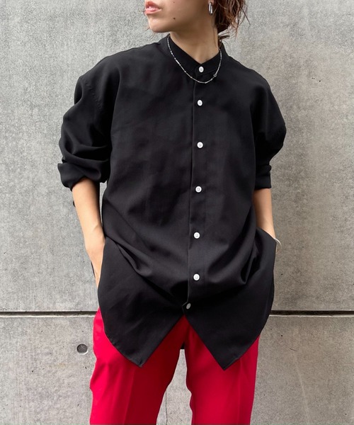 natto（ナット）の「【ユニセックスアイテム】smooth band collar shirt / 肌触り滑らかなバンドカラーのクルーネックシャツ（シャツ/ブラウス・レディース・ブラック/ベージュ/ライム・FREE）」の8枚目の写真