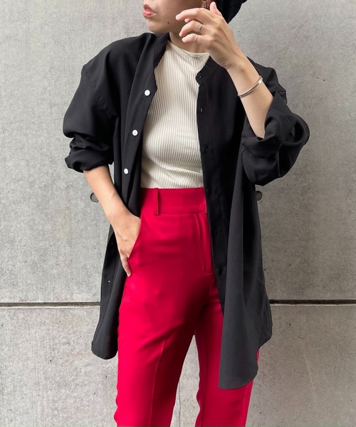 natto（ナット）の「【ユニセックスアイテム】smooth band collar shirt / 肌触り滑らかなバンドカラーのクルーネックシャツ（シャツ/ブラウス・レディース・ブラック/ベージュ/ライム・FREE）」の12枚目の写真