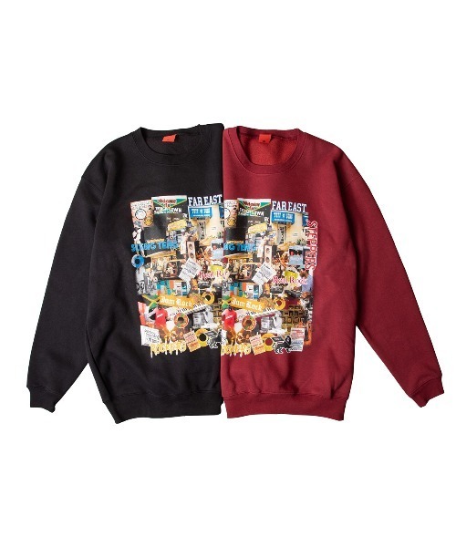 NINE RULAZ LINE（ナインルーラズライン）の「ナインルーラーズ [Nine Rulaz] - レゲエ カレッジ クルーネック スウェット トレーナー スウェットシャツ [Reggae Collage Crew Neck]（スウェット・メンズ・ブラック/バーガンディー・MEDIUM/LARGE/X-LARGE/XX-LARGE）」の3枚目の写真