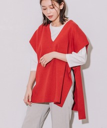 リネンコットン総針編みニットポンチョベスト