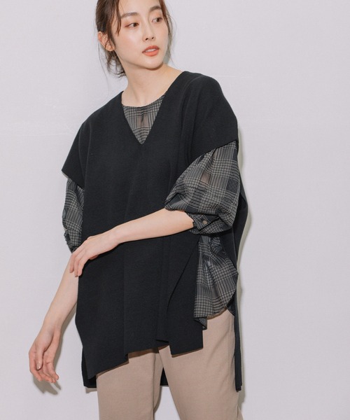 Munich(ミューニック)の「リネンコットン総針編みニットポンチョベスト(ベスト・レディース・ブラック/グレー/レッド/シルバーグレー・FREE)」の2枚目の写真