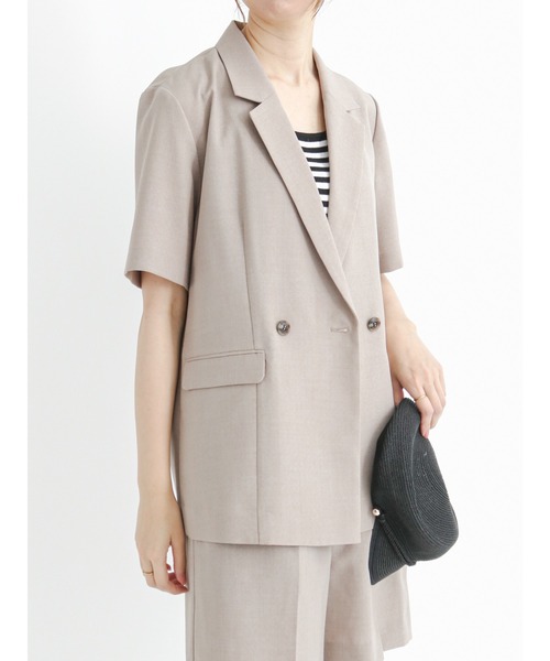 Te chichi(テチチ)の「リネンライクハーフスリーブジャケット(ノーカラージャケット・レディース・ネイビー/ベージュ/モカ・フリ-)」の2枚目の写真