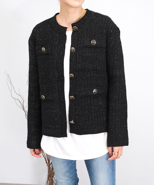 ANDJ(アンドジェイ)の「【2022/AW】【ANDJ MADE】ジャガード編みツイードニットカーディガン ジャケット(カーディガン/ボレロ・レディース・ブラック・M)」の1枚目の写真