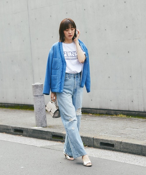 RIVE DROITE（リヴドロワ）の「華やかなのにカジュアルにも着れるグッドバランス/プードルツイードジャケット（ノーカラージャケット・レディース・ブルー/オフホワイト/ネイビー・FREE）」の14枚目の写真