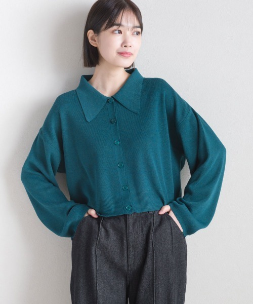 terrace(テラス)の「ニットポロシャツ ショート丈(ポロシャツ・レディース・ブルーグリーン/グレイッシュベージュ/ブラック/ピンク・MEDIUM)」の3枚目の写真