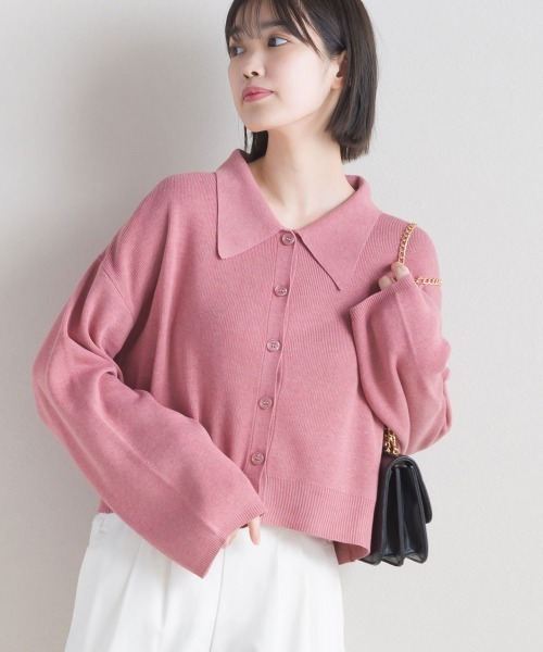 terrace(テラス)の「ニットポロシャツ ショート丈(ポロシャツ・レディース・ブルーグリーン/グレイッシュベージュ/ブラック/ピンク・MEDIUM)」の4枚目の写真