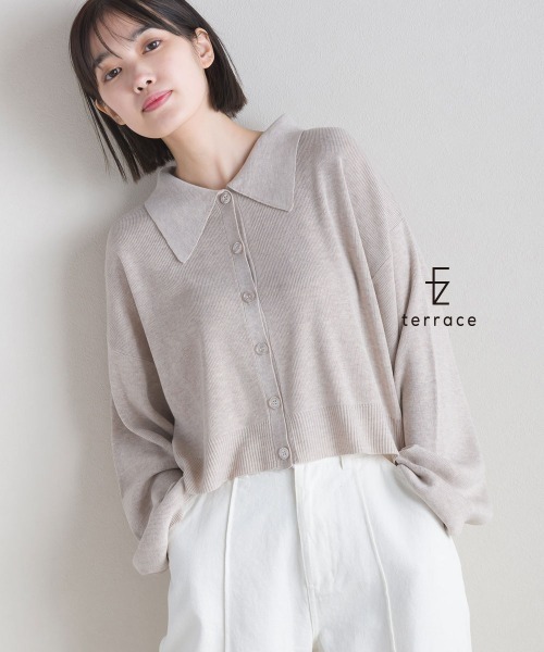 terrace(テラス)の「ニットポロシャツ ショート丈(ポロシャツ・レディース・ブルーグリーン/グレイッシュベージュ/ブラック/ピンク・MEDIUM)」の2枚目の写真