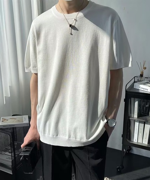 Cloudstyle（クラウドスタイル）の「【Cloudstyle】クルーネック ショートスリーブ ニット Tシャツ（ポロシャツ・メンズ・ダークグレー/ベージュ/グリーン/ホワイト・LARGE/MEDIUM）」の3枚目の写真