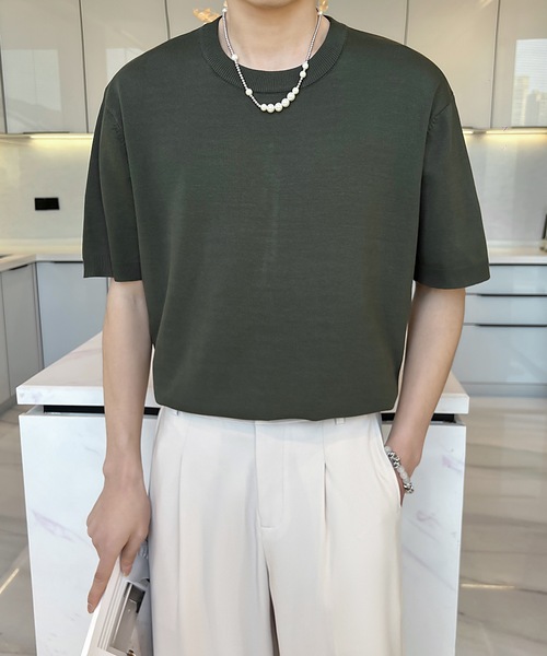 Cloudstyle（クラウドスタイル）の「【Cloudstyle】クルーネック ショートスリーブ ニット Tシャツ（ポロシャツ・メンズ・ダークグレー/ベージュ/グリーン/ホワイト・LARGE/MEDIUM）」の2枚目の写真