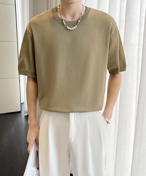 Cloudstyle（クラウドスタイル）の「【Cloudstyle】クルーネック ショートスリーブ ニット Tシャツ（ポロシャツ・メンズ・ダークグレー/ベージュ/グリーン/ホワイト・LARGE/MEDIUM）」の5枚目の写真