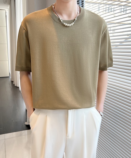 Cloudstyle（クラウドスタイル）の「【Cloudstyle】クルーネック ショートスリーブ ニット Tシャツ（ポロシャツ・メンズ・ダークグレー/ベージュ/グリーン/ホワイト・LARGE/MEDIUM）」の6枚目の写真