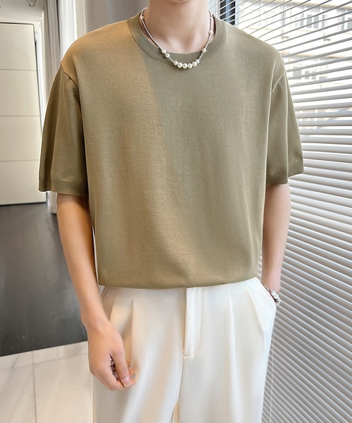 Cloudstyle（クラウドスタイル）の「【Cloudstyle】クルーネック ショートスリーブ ニット Tシャツ（ポロシャツ・メンズ・ダークグレー/ベージュ/グリーン/ホワイト・LARGE/MEDIUM）」の7枚目の写真