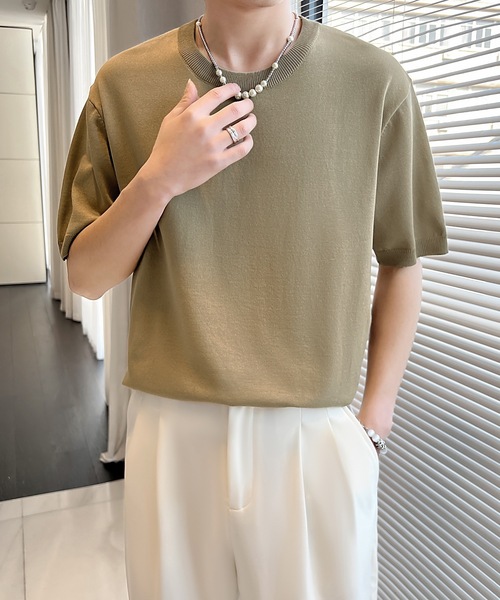 Cloudstyle（クラウドスタイル）の「【Cloudstyle】クルーネック ショートスリーブ ニット Tシャツ（ポロシャツ・メンズ・ダークグレー/ベージュ/グリーン/ホワイト・LARGE/MEDIUM）」の8枚目の写真