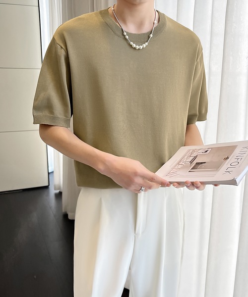 Cloudstyle（クラウドスタイル）の「【Cloudstyle】クルーネック ショートスリーブ ニット Tシャツ（ポロシャツ・メンズ・ダークグレー/ベージュ/グリーン/ホワイト・LARGE/MEDIUM）」の10枚目の写真