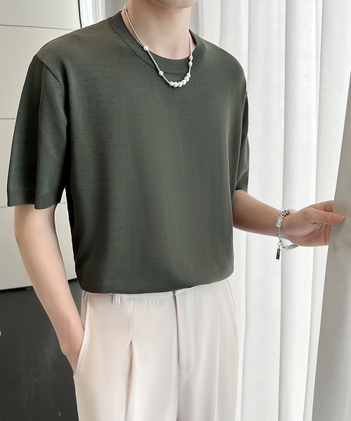 Cloudstyle（クラウドスタイル）の「【Cloudstyle】クルーネック ショートスリーブ ニット Tシャツ（ポロシャツ・メンズ・ダークグレー/ベージュ/グリーン/ホワイト・LARGE/MEDIUM）」の11枚目の写真