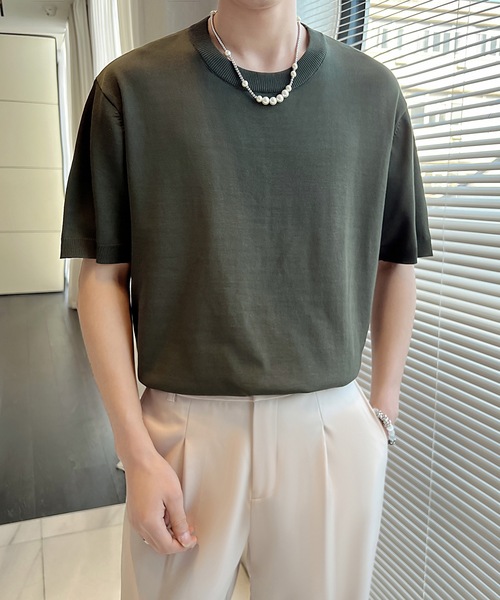 Cloudstyle（クラウドスタイル）の「【Cloudstyle】クルーネック ショートスリーブ ニット Tシャツ（ポロシャツ・メンズ・ダークグレー/ベージュ/グリーン/ホワイト・LARGE/MEDIUM）」の12枚目の写真