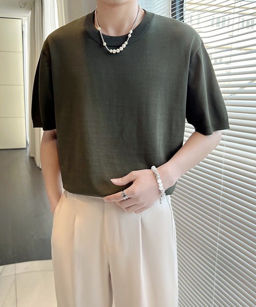 Cloudstyle（クラウドスタイル）の「【Cloudstyle】クルーネック ショートスリーブ ニット Tシャツ（ポロシャツ・メンズ・ダークグレー/ベージュ/グリーン/ホワイト・LARGE/MEDIUM）」の13枚目の写真