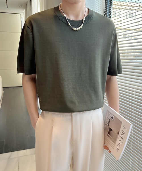 Cloudstyle（クラウドスタイル）の「【Cloudstyle】クルーネック ショートスリーブ ニット Tシャツ（ポロシャツ・メンズ・ダークグレー/ベージュ/グリーン/ホワイト・LARGE/MEDIUM）」の14枚目の写真