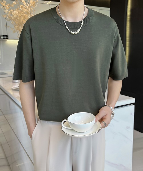 Cloudstyle（クラウドスタイル）の「【Cloudstyle】クルーネック ショートスリーブ ニット Tシャツ（ポロシャツ・メンズ・ダークグレー/ベージュ/グリーン/ホワイト・LARGE/MEDIUM）」の15枚目の写真