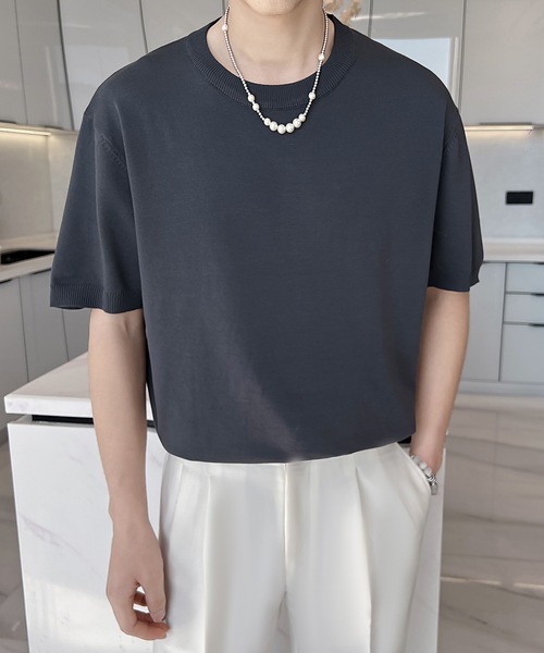 Cloudstyle（クラウドスタイル）の「【Cloudstyle】クルーネック ショートスリーブ ニット Tシャツ（ポロシャツ・メンズ・ダークグレー/ベージュ/グリーン/ホワイト・LARGE/MEDIUM）」の21枚目の写真