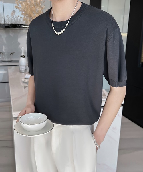 Cloudstyle（クラウドスタイル）の「【Cloudstyle】クルーネック ショートスリーブ ニット Tシャツ（ポロシャツ・メンズ・ダークグレー/ベージュ/グリーン/ホワイト・LARGE/MEDIUM）」の22枚目の写真