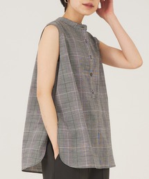 スタンド2wayチュニックチェックブラウス/ノースリーブトップス/オフィスカジュアル/夏服