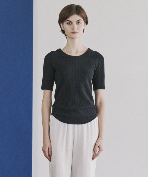 Priv. Spoons Club（プライベートスプーンズクラブ）の「rib half-sleeve tee / リブハーフスリーブTシャツ（Tシャツ/カットソー・レディース・オフホワイト/ブラック・FREE）」の18枚目の写真