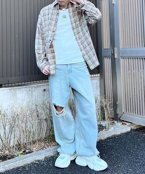 Figments（フィグメンツ）の「オーバーサイズブリーチチェックシャツ（シャツ/ブラウス・レディース・ネイビー/ベージュ・MEDIUM/SMALL）」の9枚目の写真