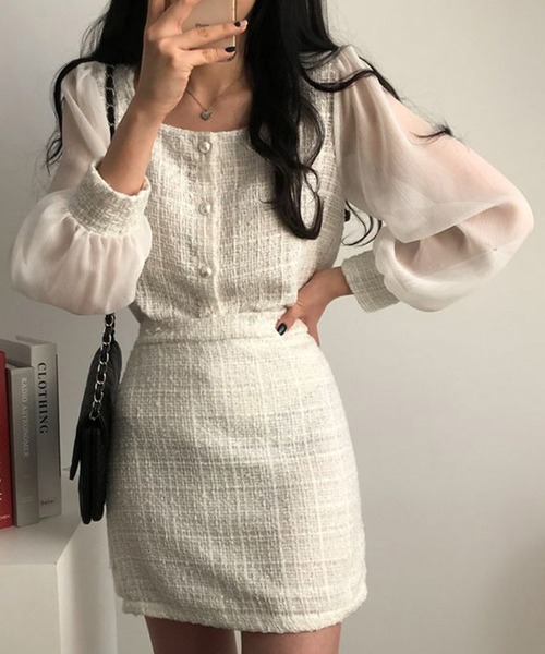 【Jasmine】レイヤード風異素材シアー切り替えセットアップ Jasmine】レイヤード風異素材シアー切り替えセットアップ
