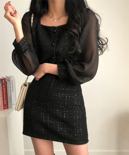【Jasmine】レイヤード風異素材シアー切り替えセットアップ セール】【Jasmine】レイヤード風異素材シアー切り替え