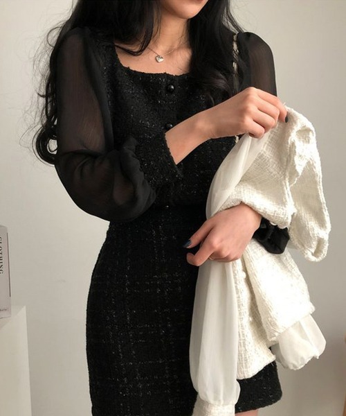 Jasmine Grandiflorum(ジャスミングランディフローラム)の「【Jasmine】レイヤード風異素材シアー切り替えセットアップ (SS)(セットアップ・レディース・ブラック/ホワイト・SMALL/MEDIUM)」の8枚目の写真