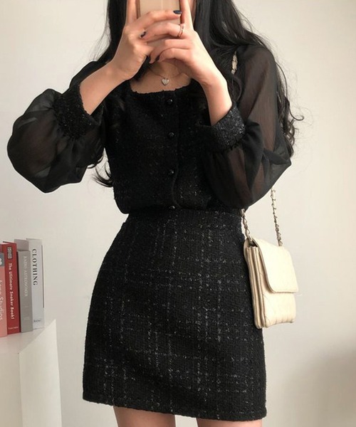 Jasmine Grandiflorum(ジャスミングランディフローラム)の「【Jasmine】レイヤード風異素材シアー切り替えセットアップ (SS)(セットアップ・レディース・ブラック/ホワイト・SMALL/MEDIUM)」の6枚目の写真