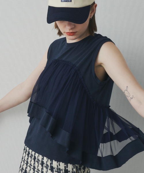 Unitage（ユニテージ）の「チュールボリュームTEE（Tシャツ/カットソー・レディース・ネイビー/Cream/ブルー・FREE）」の2枚目の写真