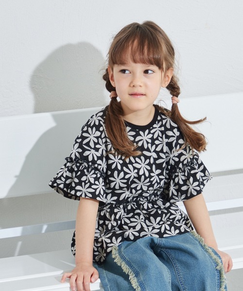 総柄プリント 花柄フリルトップス（Tシャツ/カットソー