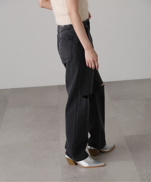 FREE'S MART（フリーズマート）の「[低身長サイズ/Sシリーズ]ニーカットストレートデニム（デニムパンツ・レディース・ブラック系その他/ケミカルウォッシュ・X-SMALL/SMALL/MEDIUM）」の5枚目の写真