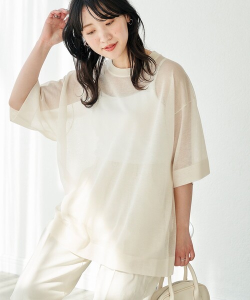 FREAK'S STORE（フリークスストア）の「限定展開　ハンドウォッシャブル リネンミックス シアー 半袖TEE（シアーニット）（ニット/セーター・レディース・ブラック/ベージュ/ピンク/グリーン/ナチュラル・ﾌﾘ-）」の6枚目の写真